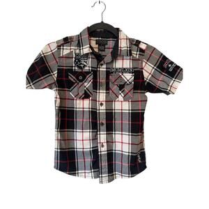 Coogi Boys Plaid Button-Down Shirt Size 7 Short Sleeve Embroidered Cotton Top